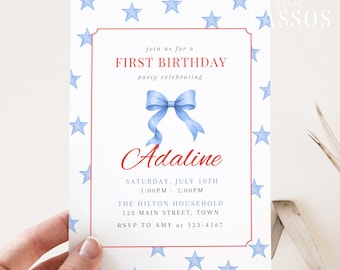 Patriotic Girl Birthday Invitation, Little Firecracker, Blue Coquette Bow Invite, 4th of July Birthday, Editable Template, Digital Download