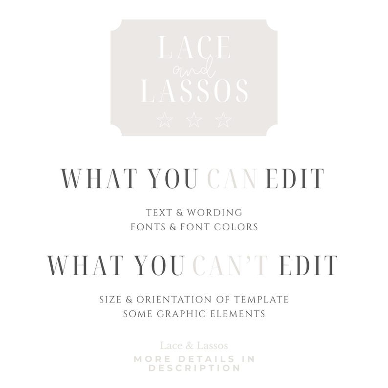 Puede incluir: Un dise&ntilde;o gr&aacute;fico con el texto "LACE and LASSOS" en color claro, con las palabras "WHAT YOU CAN EDIT" y "WHAT YOU CAN'T EDIT" debajo. El texto detalla lo que se puede editar, incluyendo texto, redacci&oacute;n, fuentes y colores de fuente.