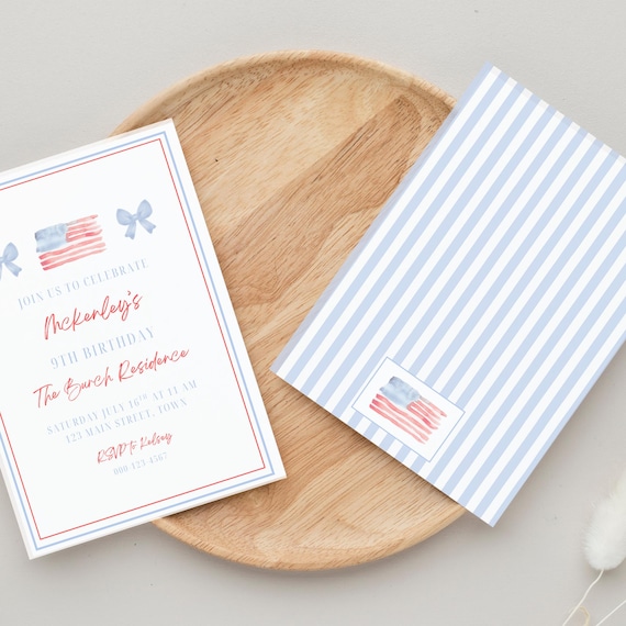 Editable Girly Bow Birthday Invitation Template, Patriotic Birthday Invite, Girl Birthday Invite, Patriotic Birthday Invitation, Canva