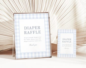 Blue Gingham Baby Shower Editable Diaper Raffle Sign, Blue Gingham Boy Baby Shower Printable Sign Template, Digital Download, CANVA