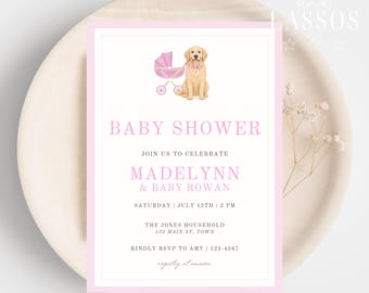 Może przedstawiać: Zaproszenie na baby shower z różową obwódką i tekstem. Zaproszenie zawiera akwarelową ilustrację psa golden retriever z różową kokardą, różowy wózek i słowa "Baby Shower".
