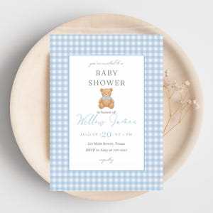 Modello modificabile per invito baby shower a tema orsetto, baby shower blu, invito baby shower per bambino, modello Canva, download digitale