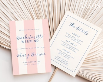 Pink Stripe Bachelorette Invitation & Itinerary Template, Pink and Blue Capri Bach Weekend, Italian Bachelorette, Editable Canva, Digital