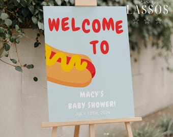 Hot Dog Baby Shower Welcome Sign Template, Blue Teenie Weenie Welcome Sign, Summer Backyard Baby Shower, Editable Template, Digital Download