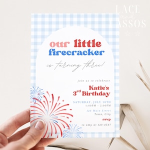 Little Firecracker Birthday Invitation, All American Invite, Patriotic Birthday Invite, 4th of July Baby, Editable Template, Digital Canva