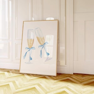 Blue Bow Champagne Glasses, Coquette Bow Wall Art, Bar Cart Print, Coquette Style, Girly Blue Room Decor, College Apartment Dorm Decor