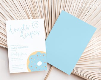 Donuts & Diapers Baby Shower Invitation Template, Blue Donut Baby Shower Boy, Donut and Diapers Baby Sprinkle, Editable Template, Canva