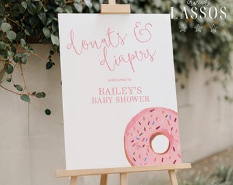 Donuts & Diapers Baby Shower Welcome Sign, Girl Donut Baby Shower Sign, Baby Sprinkle Baby Shower, Diaper Party, Editable Template, Canva