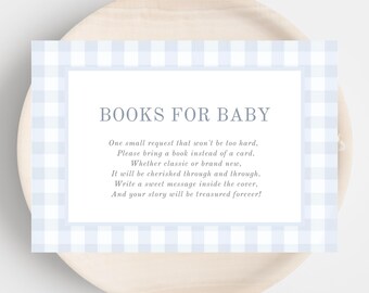 Blue Gingham Books For Baby Card Template, Blue Gingham Boy Baby Shower Printable Book Request, Baby Shower Decor, Digital Download, Canva
