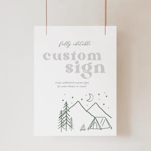 An Adventure Awaits Baby Shower Editable Custom Sign, Camping Boy Baby Shower Printable Sign Template, Digital Download, CANVA