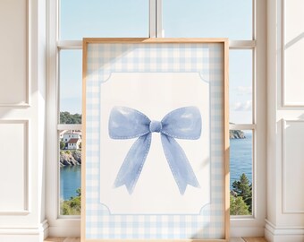Blue Coquette Bow Wall Art, Blue Bow Print, Coquette Aesthetic Wall Art, Girl Nursery Wall Art, Girly Dorm Wall Art, Digital Download