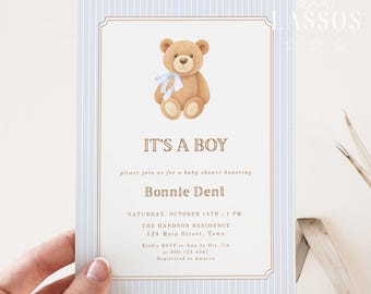 Teddy Bear Baby Shower Invitation, Classic Boy Baby Shower Invitation, Vintage Light Blue Teddy Bear Baby Shower Invite, Bear Invite, Canva