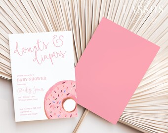 Donuts & Diapers Baby Shower Invitation Template, Pink Donut Baby Shower Girl, Donut and Diapers Baby Sprinkle, Editable Template, Canva