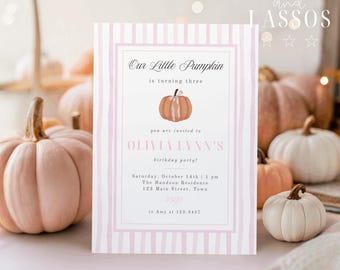 Our Little Pumpkin Girl's Birthday Girl Invitation, Pink Bow Birthday Invitation for Fall, Grandmillennial Pink Birthday Invitation, Canva