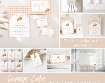 Paquete de invitaciones para baby shower "Cutie Pie", invitación y decoración editables para baby shower con temática de pastel de calabaza, paquete de baby shower otoñal en tonos naranjas, descarga digital.