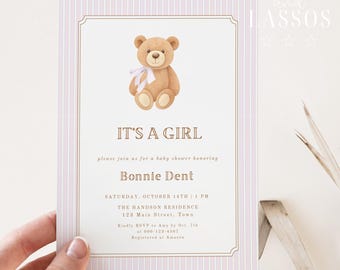 Teddy Bear Baby Shower Invitation, Classic Girl Baby Shower Invitation, Vintage Light Pink Teddy Bear Baby Shower Invite, Bear Invite, Canva