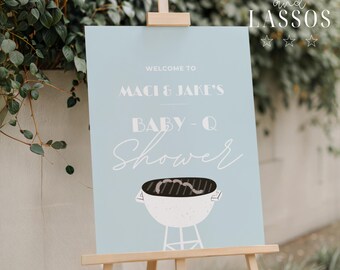 Baby-Q Welcome Sign Template, Boy BBQ Baby Shower Welcome Sign, Blue Summer Backyard Baby Shower, Editable Template, Digital Download