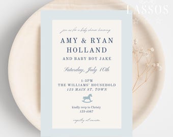 Rocking Horse Baby Shower Invitation Boy, Classic Boy Baby Shower Invitation, Blue Gingham Rocking Horse Baby Shower Invite, Canva