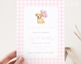 Editable Pink Dog Birthday Invitation Template, Southern Birthday Invite, Gingham Girl Birthday Invite, Pink Gingham Birthday Invitation
