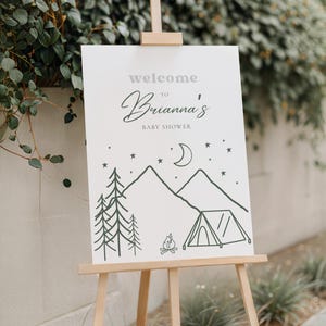 Editable An Adventure Awaits Baby Shower Welcome Sign, Green Camping Boy Baby Shower Welcome Sign Template, Digital Download, Canva