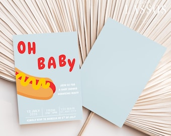 Hot Dog Baby Shower Invitation Template, Blue Teenie Weenie Invite, Summer BBQ Theme Baby Invite, Editable Birthday Invite, Digital Canva