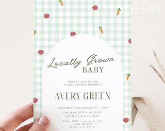 Locally Grown Baby Shower Invitation Template, Farmers Market Baby Shower Invite, Sage Green Gingham Invite, Home Grown Printable Invite