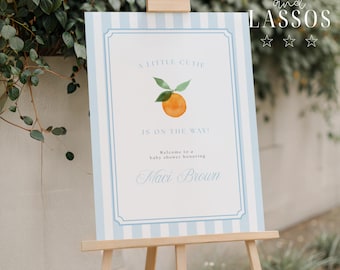 A Little Cutie Welcome Sign, Little Cutie Is On The Way Baby Shower Sign, Citrus Theme, Blue Cutie Baby Shower, Editable Template, Canva