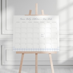 Blue Gingham Baby Shower Due Date Calendar, Modern Guess The Arrival Baby Shower Sign Template, Digital Download, Canva