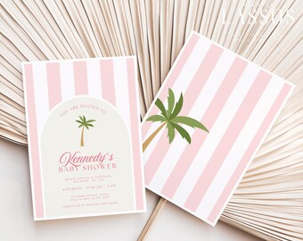Plantilla de invitación para baby shower con temática de cabaña rosa, baby shower costero, invitación editable para baby shower, descarga digital de Canva para baby shower de niña.