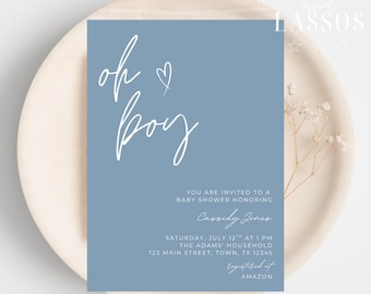 Minimalistic Boy Baby Shower Invitation, Modern Blue Baby Shower Invite, Boy Baby Shower Invite, Printable Invitation Template