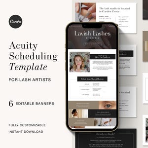 May include: A digital template for lash artists, featuring a smartphone displaying a "Lavish Lashes" booking page. The design includes editable banners, the text "Acuity Scheduling Template," and the Canva logo. Fully customizable and available for instant download.