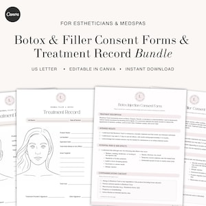 Botox and Dermal Filler Consent Forms Bundle Treatment Record, Liability Forms for Estheticians & Medspa Editable Injectables Client Intake