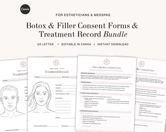 Botox and Dermal Filler Consent Forms Bundle Treatment Record, Liability Forms for Estheticians & Medspa Editable Injectables Client Intake
