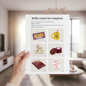 May include: A print featuring illustrations of items from the TV show "Buffy the Vampire Slayer." The print includes a Milkbar chocolate bar, a yellow mug with "Kiss the Librarian," garlic, a container, a book, and a note that says "Slayer come out and Die."