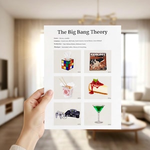 May include: A print titled "The Big Bang Theory" featuring illustrations of a Rubik's Cube tissue box, a vintage "Geology" book, Chinese takeout, cheesecake, a Nintendo 64 console, and a green cocktail.