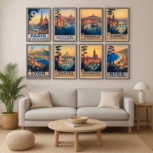 Cartazes de viagem da França, DOWNLOAD DIGITAL, Cidades francesas exclusivas de verão, Arte para colorir parede, Impressão retrô de verão, Conjunto de 9, Presente para ela, Único