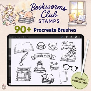 May include: Digital art set featuring illustrations of books, reading accessories, and a fairy. The text includes "Bookworms Club Stamps" and "90+ Procreate Brushes". A tablet displays various line art designs, including a bookstore and a cat.