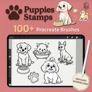 以下が含まれることがあります： Procreate用のデジタルアート用品。画像には「Puppies Stamps」と「100+ Procreate Brushes」の文字が表示されています。画像には、子犬の線画がいくつか描かれたタブレットと、2つの子犬のカラーイラストが描かれています。スタイラスも表示されています。