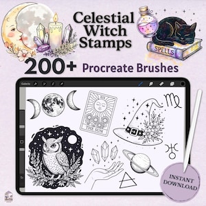 May include: Digital art set titled "Celestial Witch Stamps" with over 200 Procreate brushes. The image shows a tablet displaying witch-themed illustrations, including moons, tarot cards, an owl, and a witch hat.