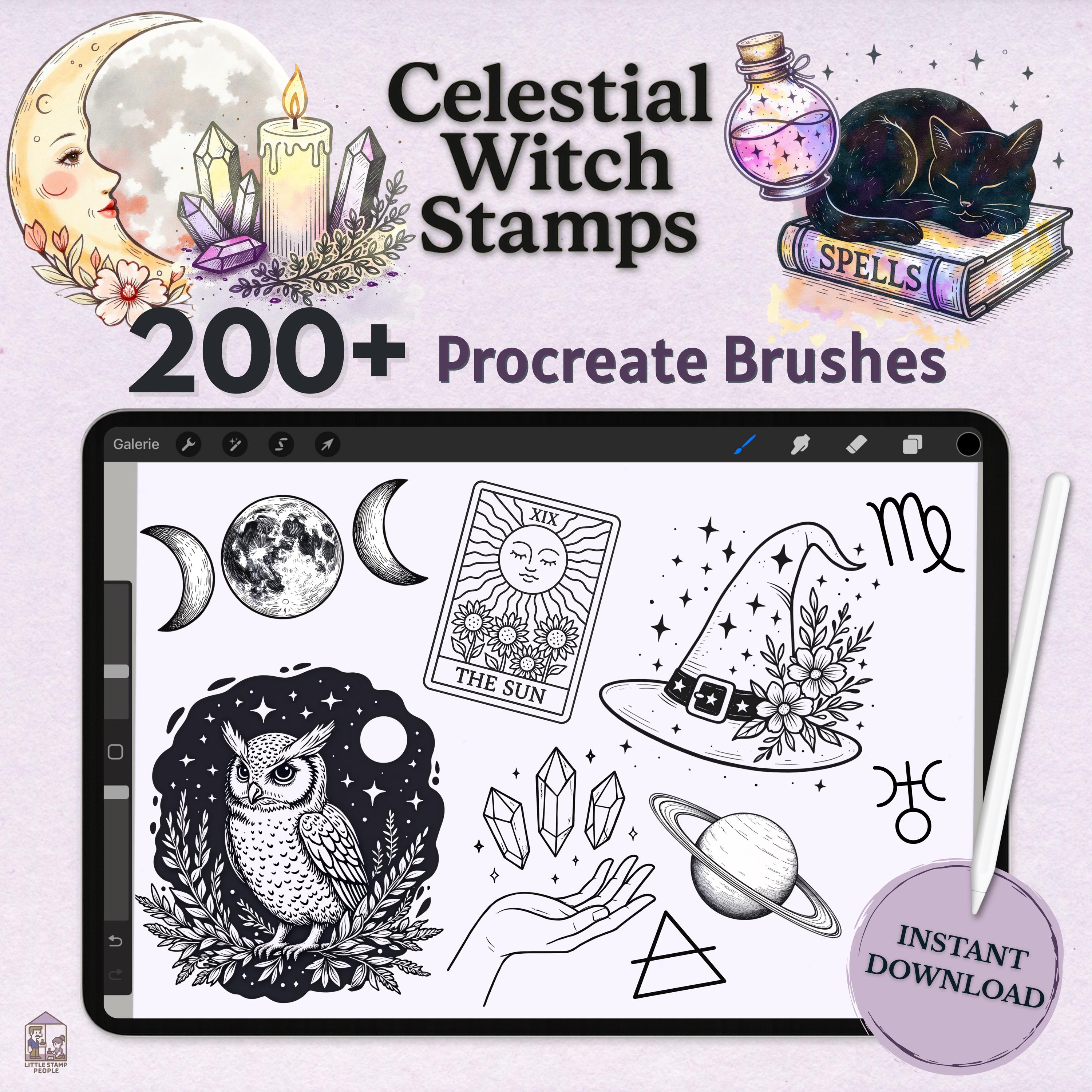 Sellos para Procreate Celestial Witch – Más de 200 pinceles de línea mágicos para tarot, luna, zodiaco, cristales y hierbas
