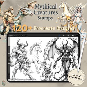 May include: Digital art featuring mythical creatures, including a dragon, unicorn, and winged horse. The image also displays a tablet with illustrations of a minotaur, a demon, and other fantasy figures. Text reads "Mythical Creatures Stamps" and "120+ Procreate Brushes."