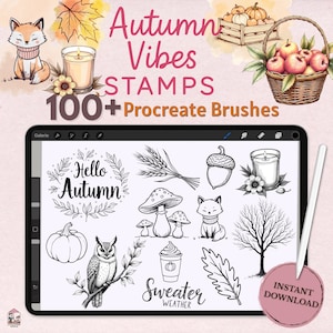 Peut inclure: Fournitures d'art numérique pour Procreate, avec des tampons et des pinceaux sur le thème de l'automne. Comprend des illustrations de citrouilles, de feuilles, de renards et le texte "Autumn Vibes Stamps 100+ Procreate Brushes". Une tablette affiche l'art.