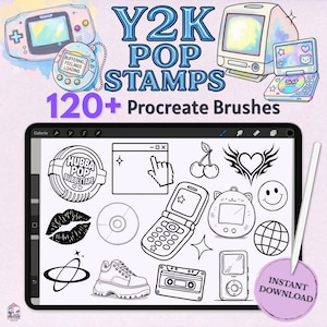Y2K Pop Procreate Stamp Brushes | 120+ Retro millennial Icons Flip Phone Tamagotchi Consoles Tribal Heart | Instant Download Commercial Use