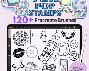May include: Digital art supplies featuring Y2K pop art stamps. The image shows a tablet with various black and white illustrations, including a cassette tape, a sneaker, and a flip phone. The text reads "Y2K POP STAMPS" and "120+ Procreate Brushes."