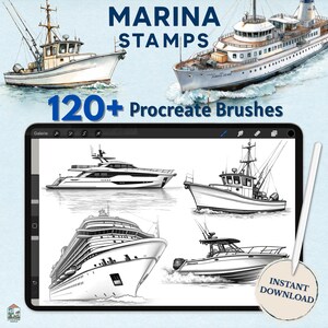 Peut inclure: Ensemble d'art numérique présentant divers bateaux et navires, dont un yacht, un bateau de pêche et un paquebot de croisière. L'image comprend le texte "MARINA STAMPS" et "120+ Procreate Brushes". Une tablette affiche les illustrations de bateaux, avec un stylet et un badge "INSTANT DOWNLOAD".