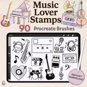 Procreate-Stempelpinsel für Musikliebhaber – 90 Instrumenten-, Noten- und Retro-Audiosymbole | Gitarre, Klavier, Vinyl, Kassetten-Clipart | Sofortdownload