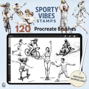May include: Digital stamps and Procreate brushes with a sporty theme. The image features illustrations of various sports, including cycling, basketball, and skateboarding. Text on the image reads "Sporty Vibes Stamps 120 Procreate Brushes" and "Instant Download."