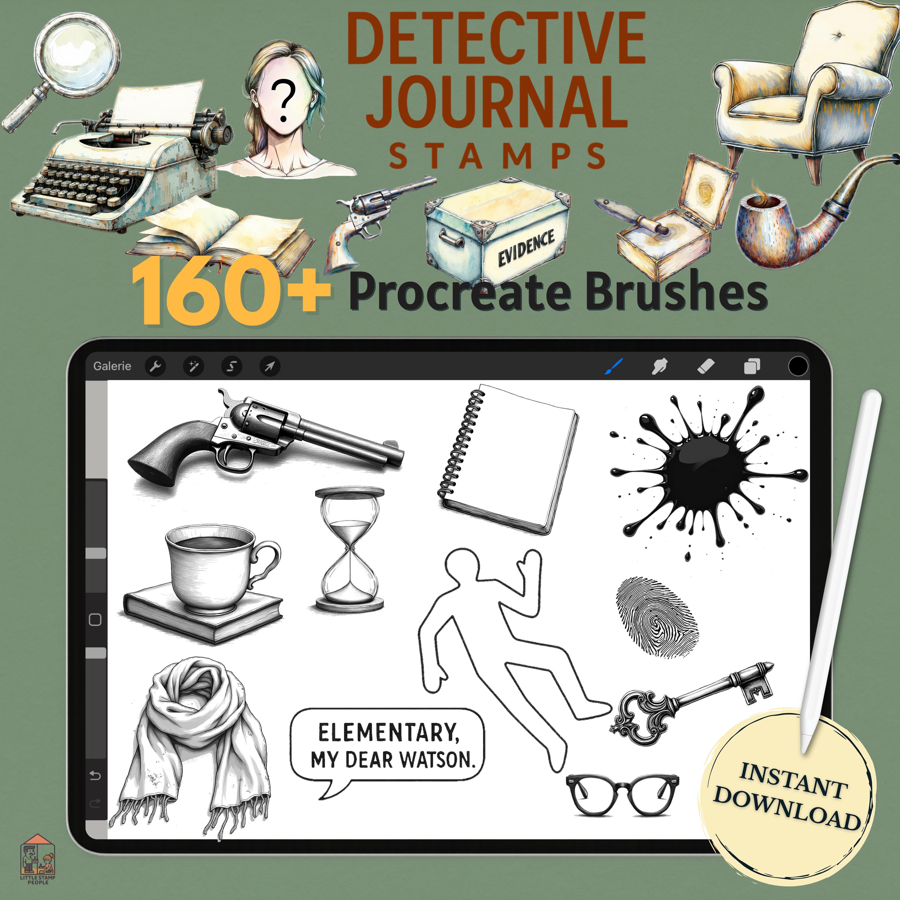 Detective Journal – Sellos para Procreate: más de 160 pinceles de misterio y crimen para iPad, bullet journals, pegatinas y arte para juegos | Descarga instantánea