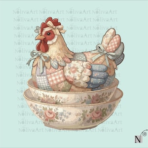 Peut inclure: Illustration fantaisiste d'une poule patchwork perchée sur deux bols à motifs floraux. La poule présente une crête et un fanon rouges, avec des patchs à motifs floraux et vichy aux couleurs pastel. Des nœuds décoratifs ornent la tête et les ailes de la poule, créant une esthétique charmante de style champêtre.