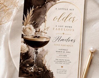 Elegant A Tini Bit Older Espresso Martini Bow Birthday Invitation, Elegant Floral Cocktail , Adult Birthday Party,  Digital Canva Template